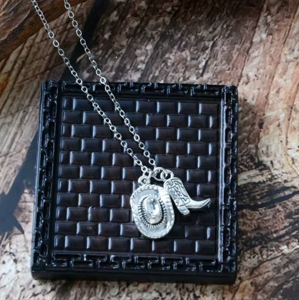 Silver Western Cowboy Hat & Boot Necklace Dainty Coastal Cowgirl Jewelry - Picture 7 of 12